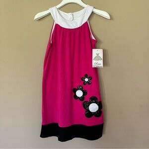 NWT Girls sz 12 Retro Pink Dress with Black Sequin Flower Applique 60s 70s